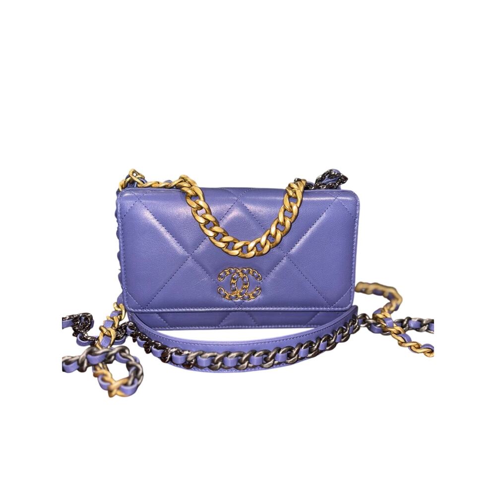 CHANEL 19 Matelassé 2-way Chain WOC Shoulder Bag Rare Purple with Card